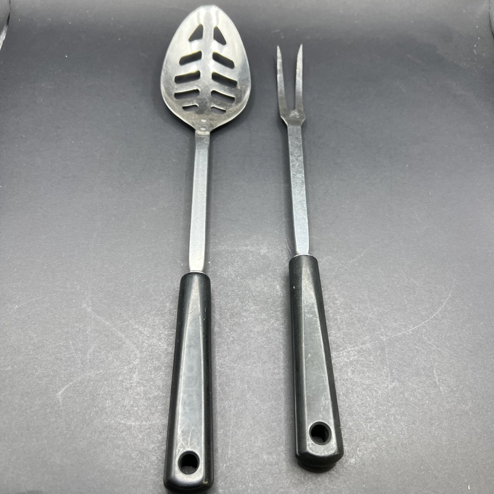 Vintage 2pc‎ Androck Stainless Slotted Spoon & Fork USA Black Handle
